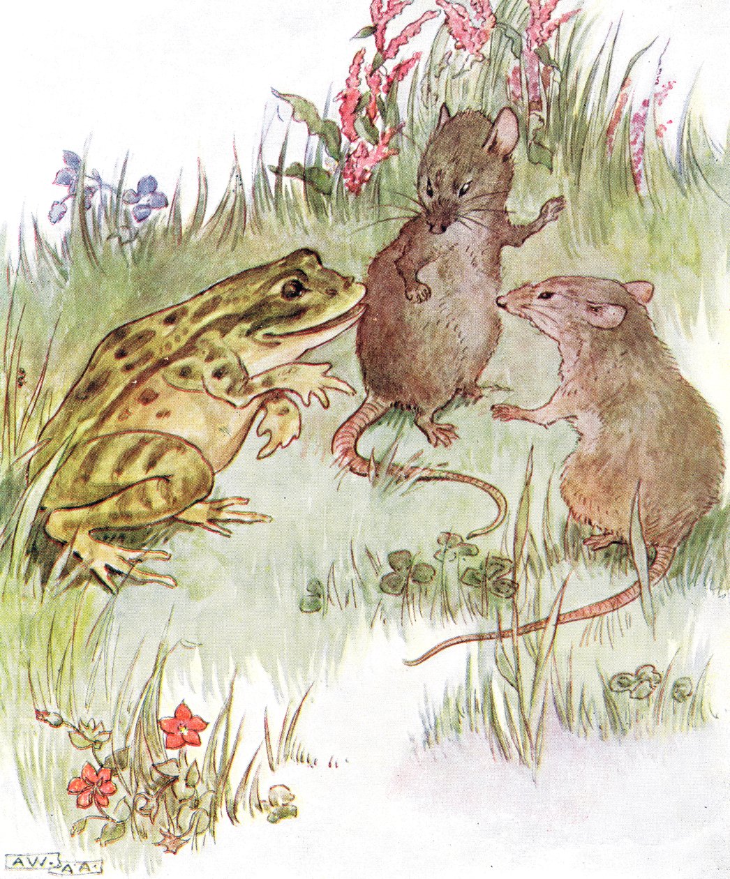 "Chatted with pretty Miss Mouse", illustration från "The Mischievous Mouse Book", utgiven av Thomas Nelson und Sons, 1920-talet av Anne Anderson