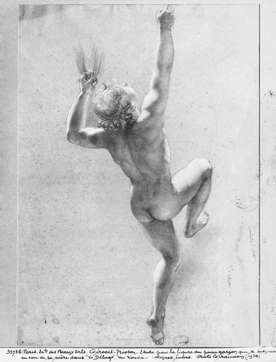 Översvämningsscen, studie av den nakna unga pojken (svart penna och krita på grått papper) av Anne Louis Girodet de Roucy Trioson