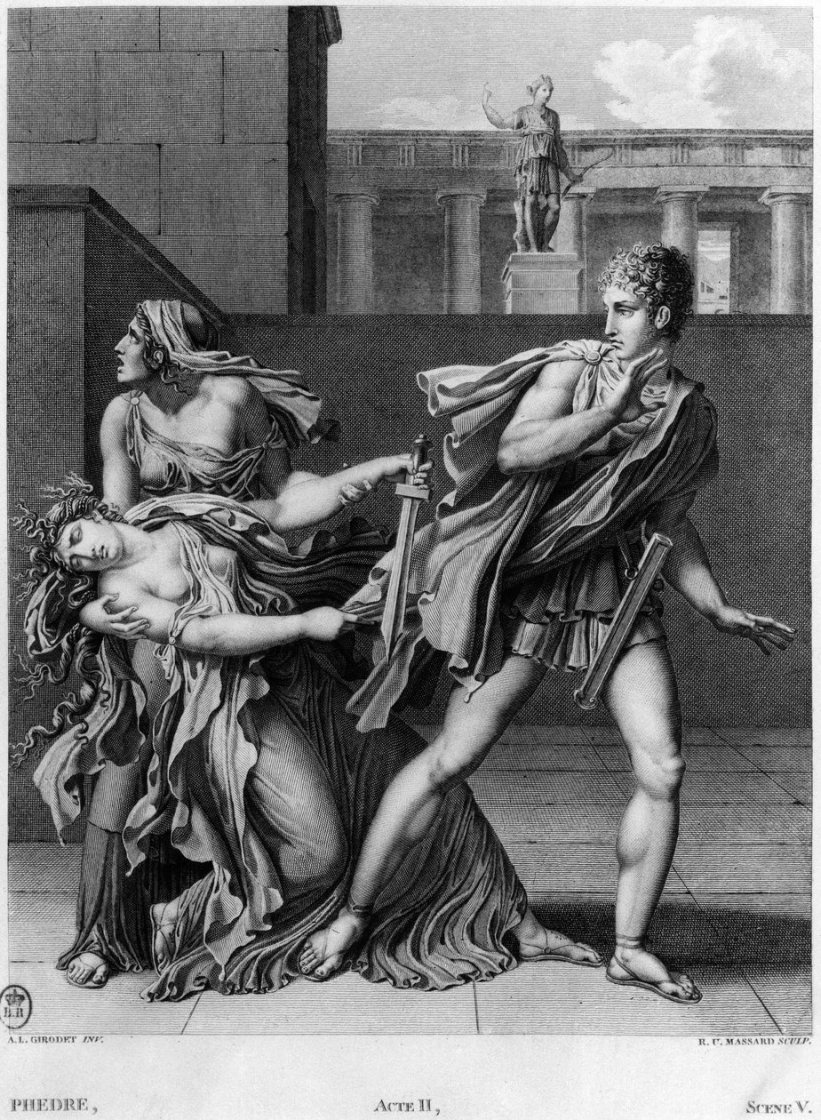 Phaedra, Oenone och Hippolytus, illustration från akt II Scen 5 av 