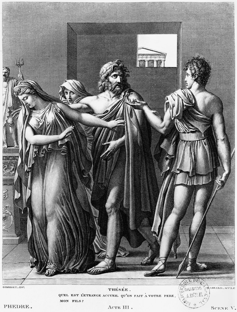 Phaedra, Theseus och Hippolytus, illustration från akt III scen 5 av 