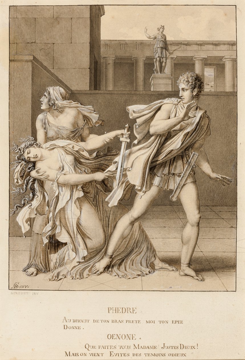 Phaedre, som har förklarat sin passion, försöker döda sig själv med Hippolytus svärd av Anne-Louis Girodet de Roucy-Trioson