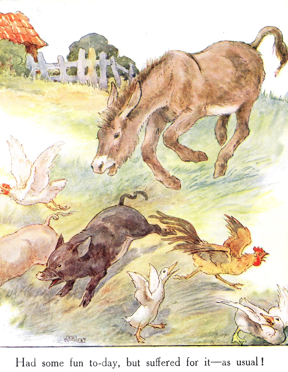 "Hade lite kul i dag, men fick lida för det - som vanligt!", illustration från "The Naughty Neddy Book", utgiven av Thomas Nelson und Sons, 1920-talet. av Anne Anderson