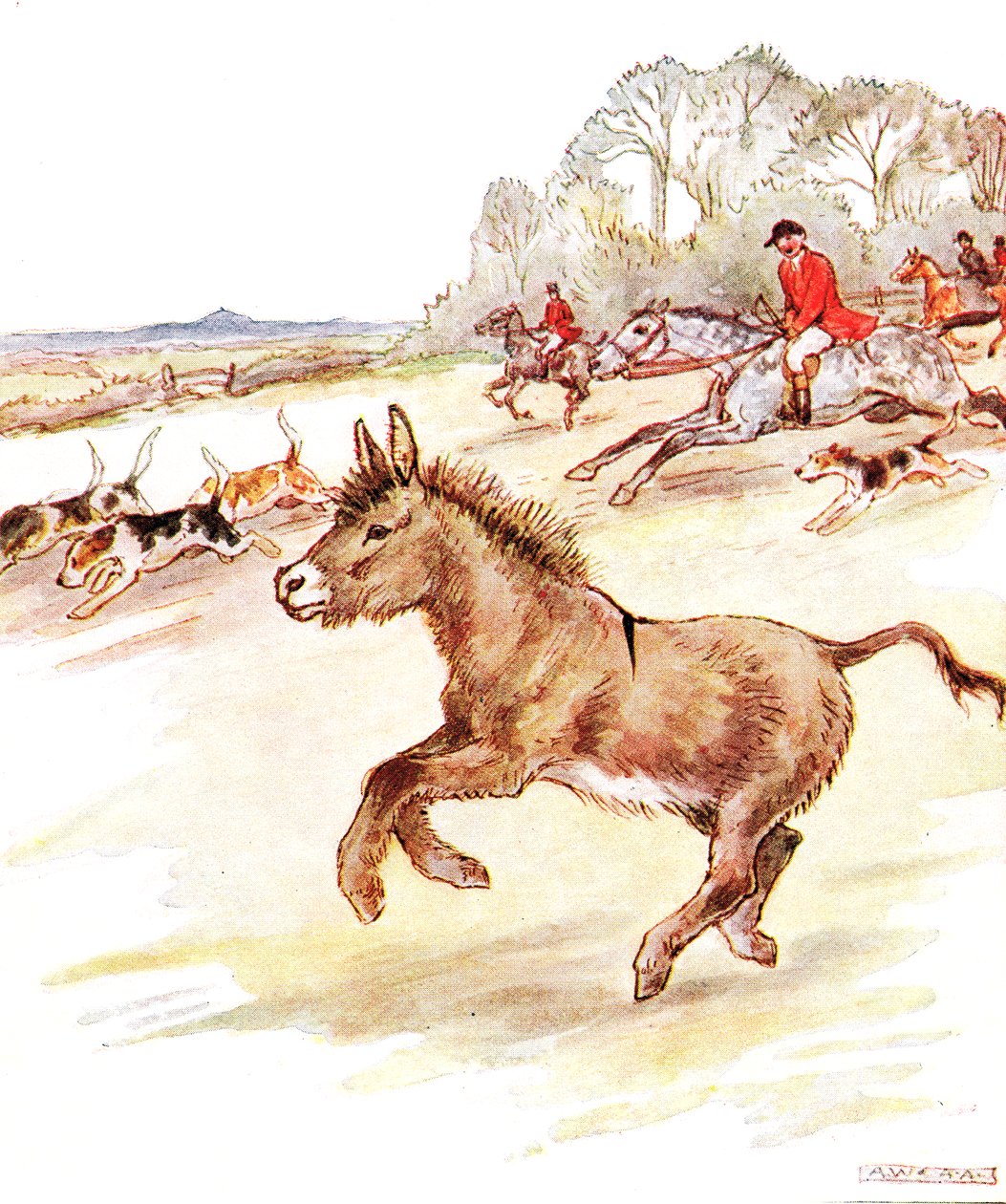 "Jag hade mitt livs tid idag. Män i röda rockar på hästar och massor av hundar kom galopperande över mitt fält", illustration från "The Naughty Neddy Book", utgiven av Thomas Nelson und Sons, 1920-talet (färgat av Anne Anderson