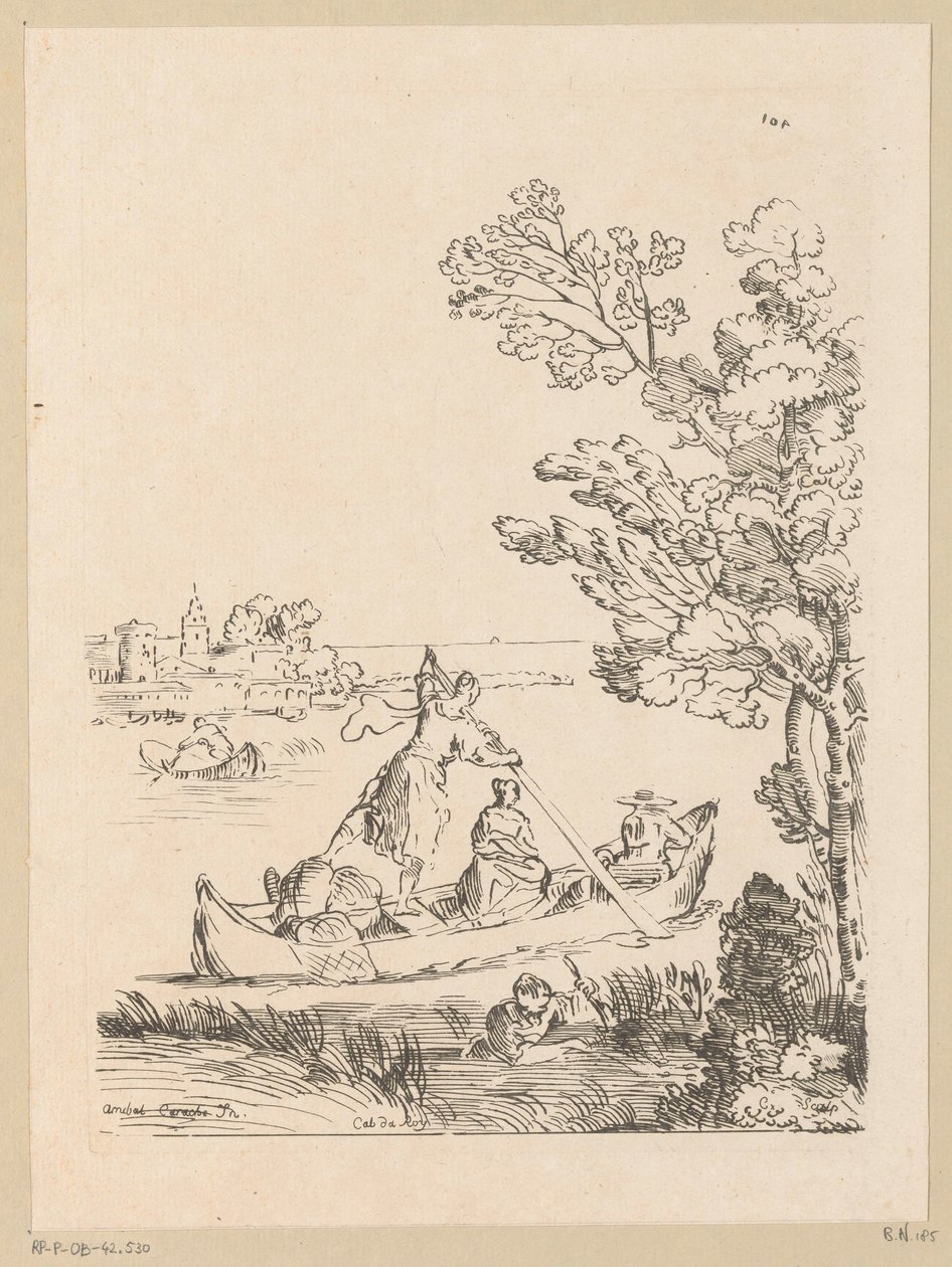 Flodlandskap med en båt som roddas av en kvinna Cabinet du Roy (serietitel på objekt) av Anne Claude Philippe Caylus