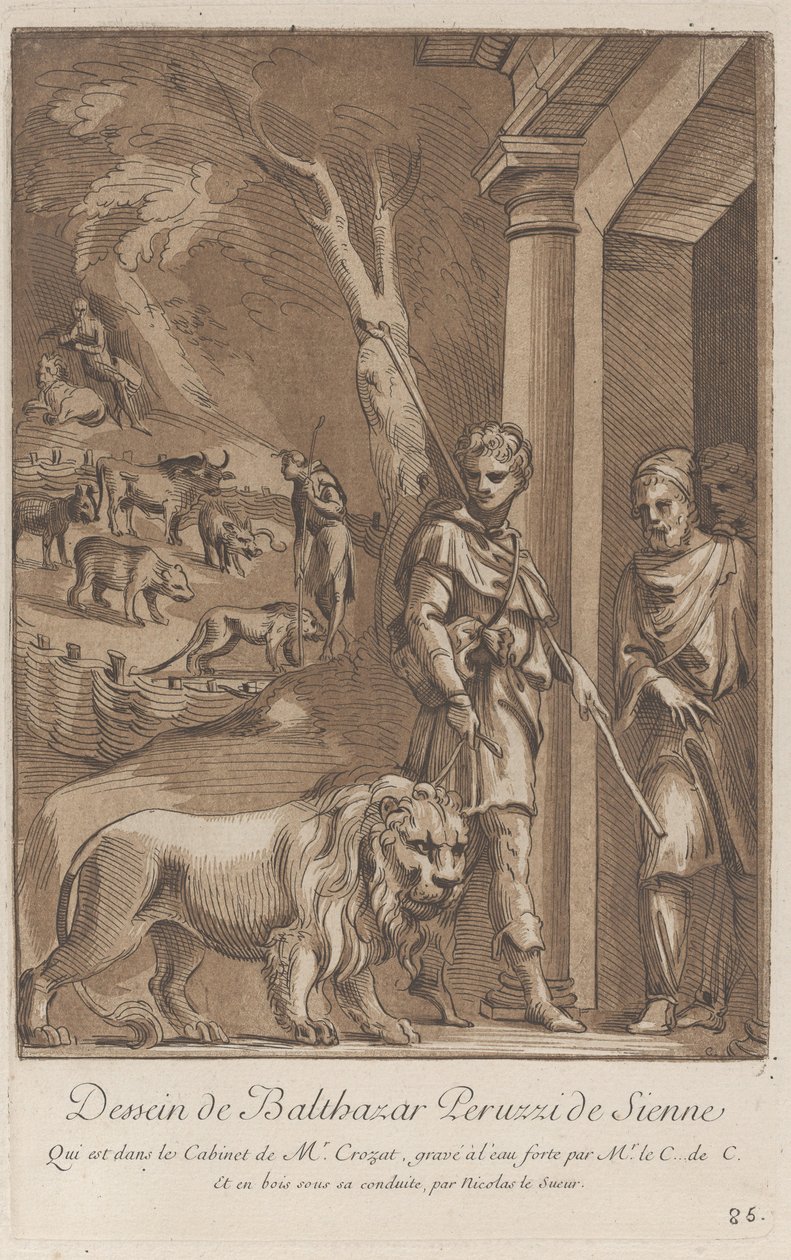 En herde som håller ett lejon i koppel i förgrunden, i mitten sh..., ca. 1729-64 av Anne Claude Philippe de