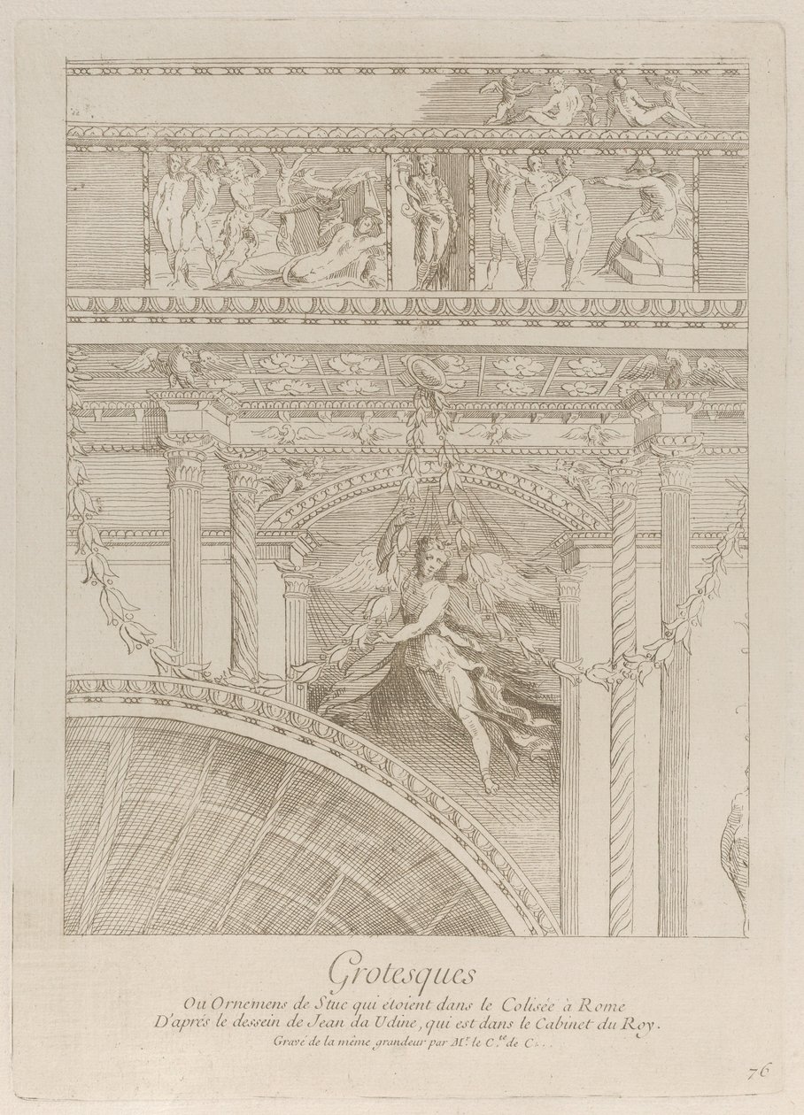 Grotesker: detalj av stuckaturrelieferna som dekorerar Colosseum i Rom, med en vinge..., ca. 1729. av Anne Claude Philippe de Caylus