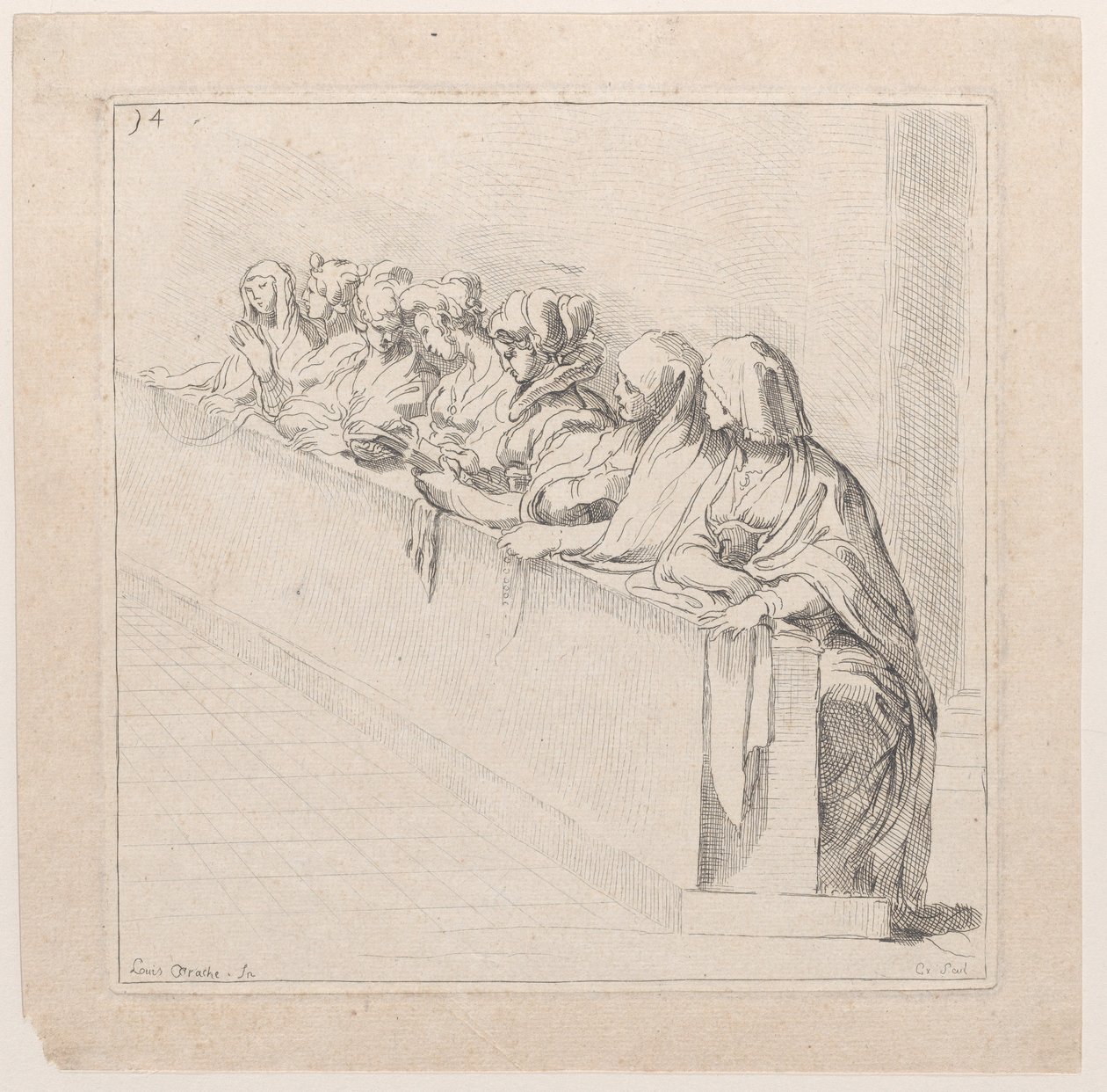 Sju kvinnor som sitter bakom en låg mur, 1700-talet. av Anne Claude Philippe de Caylus