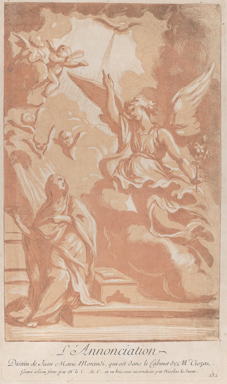 Bebådelsen med Jungfrun som knäböjer till vänster och Gabriel till höger, ca. ..., ca. 1729. av Anne Claude Philippe de Caylus
