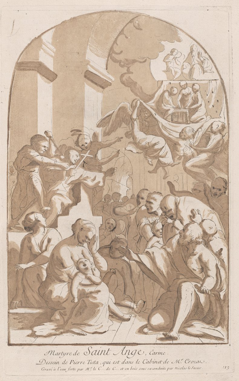Sankt Angelos martyrskap som i det övre vänstra blir knivhuggen bevakad av skräck..., 1729-64. av Anne Claude Philippe de Caylus