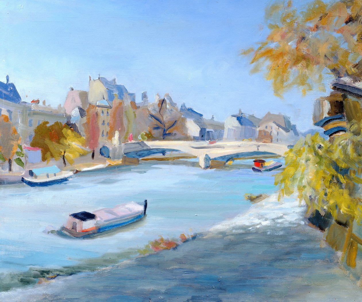 Barge sailing down the river Seine in Paris  av Anne Durham