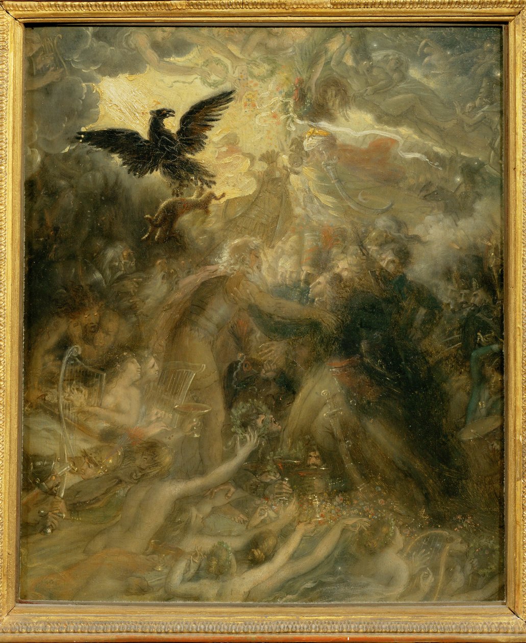 Skuggorna av de franska hjältarna som Ossian tog emot i Elysee-antennen. En satirisk replik av den stora ... av Anne Louis Girodet de Roucy-Trioson