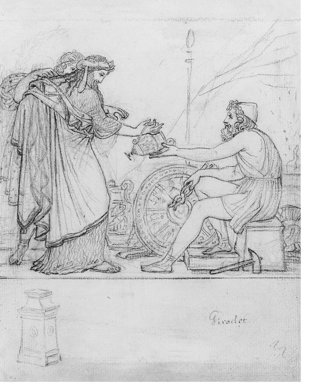 Anacreon tar emot en silvervas från två stående figurer, med en studie av en stele: En illustration till Anacreons Ode XVII med inskriptionen 