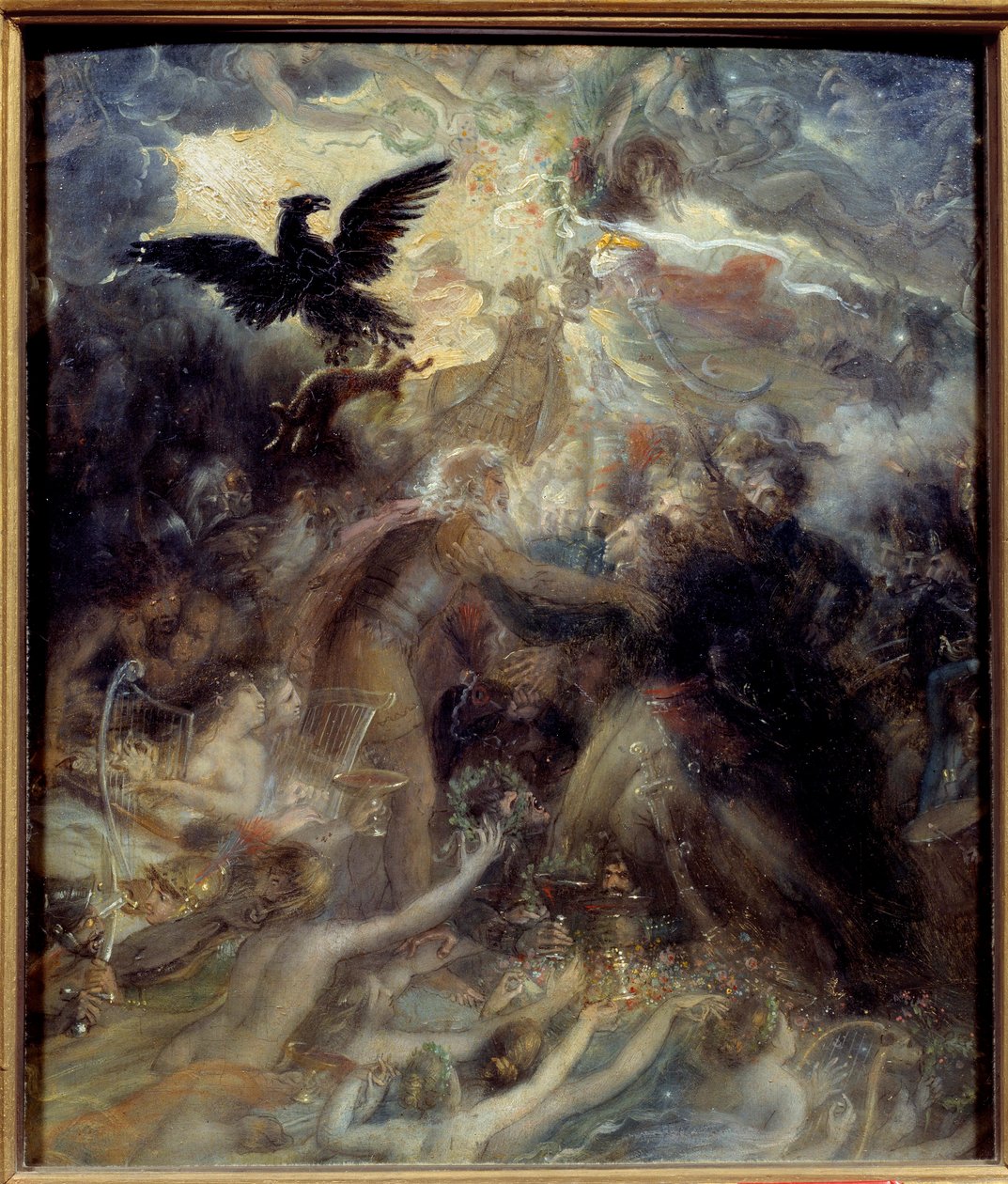 Apoteos av de franska hjältarna som dog för hemlandet under Libertekriget, hyllning till Napoleon Bonaparte Allegorie som representerar barden Ossian, skotsk poet från 300-talet läst av Napoleon, som välkomnade generalerna Louis Charles Antoine Des av Anne Louis Girodet de Roucy Trioson