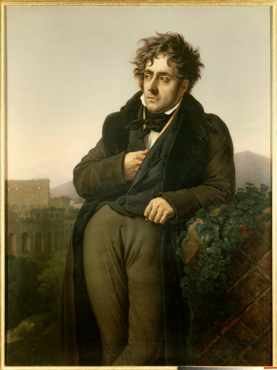 Porträtt av Francois Rene, Viscount of Chateaubriand (1768-1848) som mediterar på ruinerna av Rom framför utsikten över Colisee av Anne Louis Girodet de Roucy Trioson