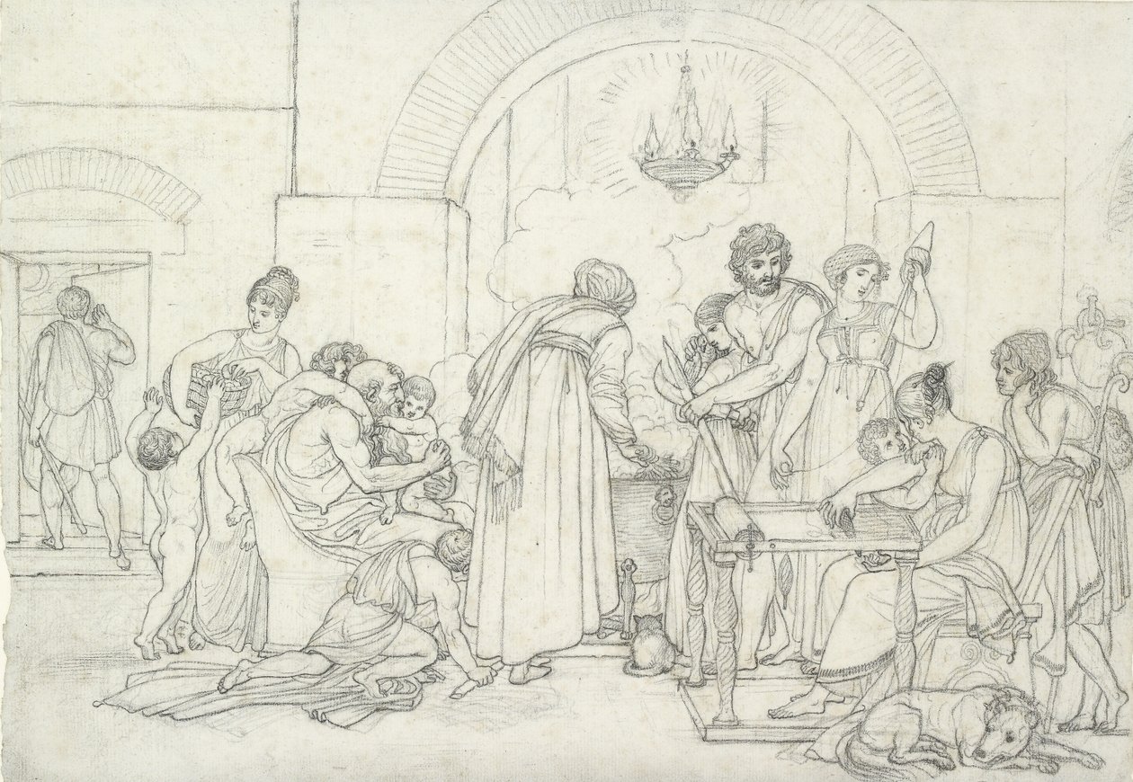 Rustik interiör i antiken (svart krita på vitt papper med fin textur) av Anne Louis Girodet de Roucy Trioson
