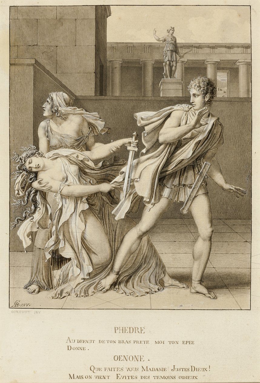 Phaedre, som har förklarat sin passion, försöker döda sig själv med Hippolytus svärd av Anne Louis Girodet de Roussy Trioson