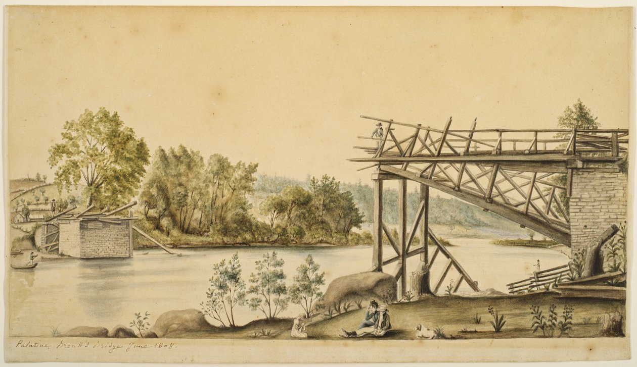 Ofullständig bro, Palatine, New York, 1808 (akvarell och grafit på papper) av Anne Marguerite Hyde de Neuville