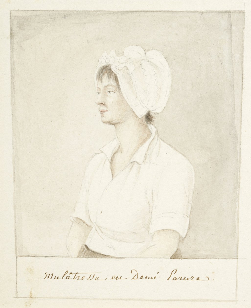 Porträtt av en Mulatto Girl, odaterad (grafit, akvarell och grå tvätt på papper) av Anne Marguerite Hyde de Neuville