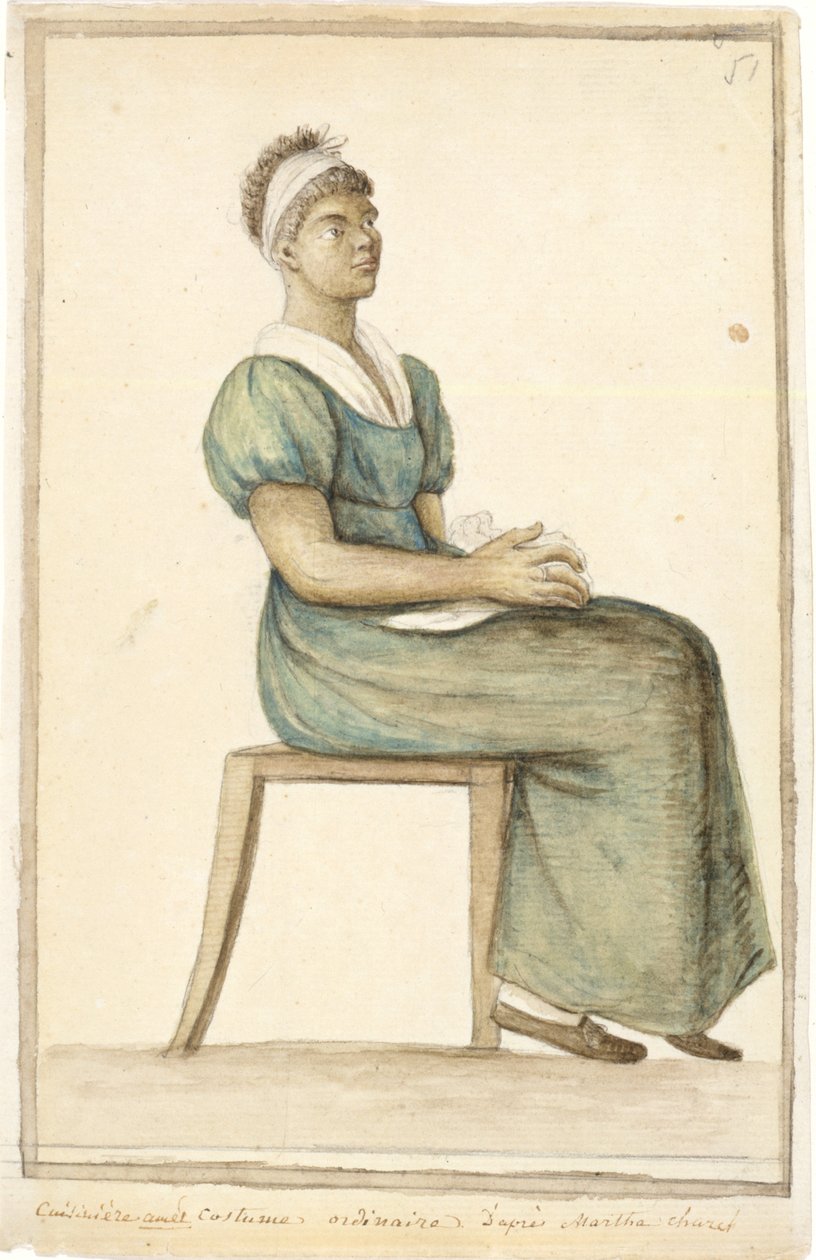 Porträtt av en afroamerikansk kock i vanlig kostym, odaterad (akvarell, grafit och brunt bläck på papper) av Anne Marguerite Hyde de Neuville