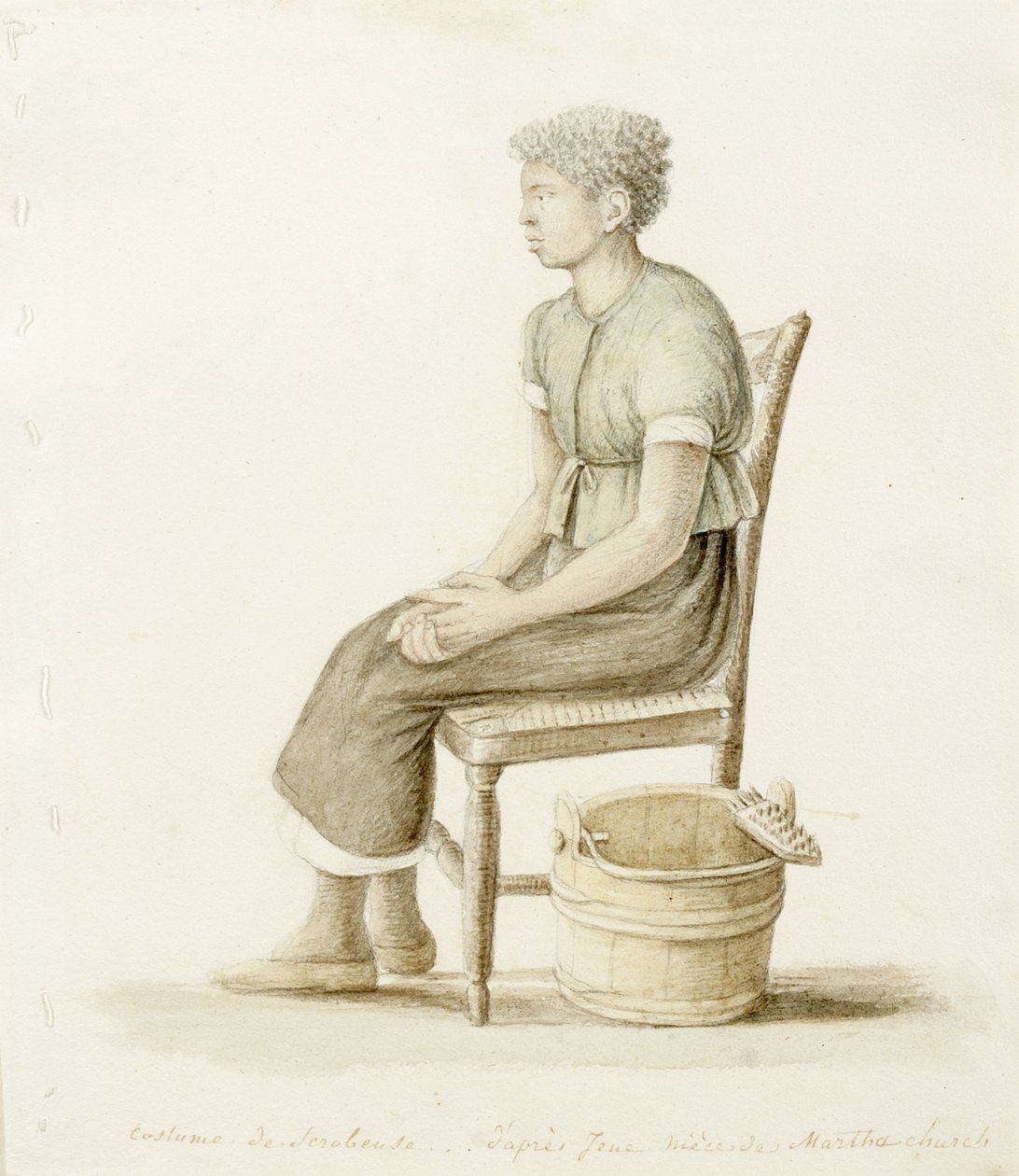 Profilporträtt av sittande afroamerikansk scrubwoman, odaterad (akvarell, kol och grafit med en touch av vit gouache på papper med sömmar längs vänster marginal) av Anne Marguerite Hyde de Neuville