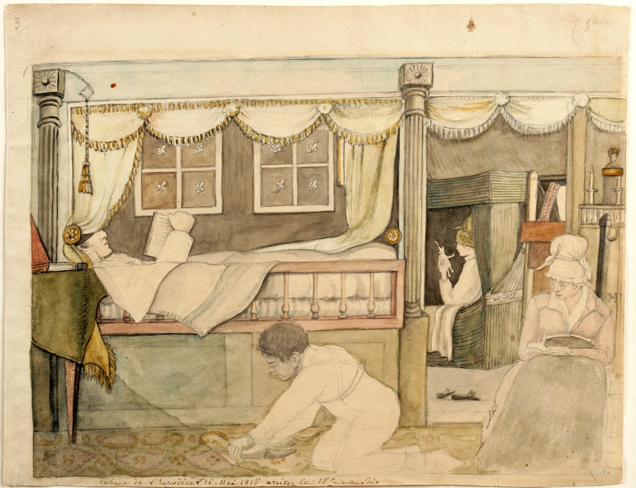 Hyde De Neuville Cabin på Eurydice, 1816 (akvarell, grafit och svart och brunt bläck på papper, monterad på kort) av Anne Marguerite Hyde de Neuville