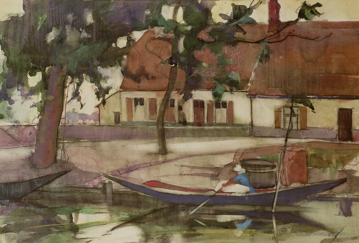 Båt på en kanal, fransk by av Anne Redpath
