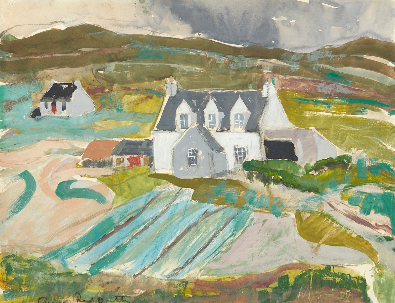 Stugor vid Clachanish, Skye (penna och akvarell) av Anne Redpath