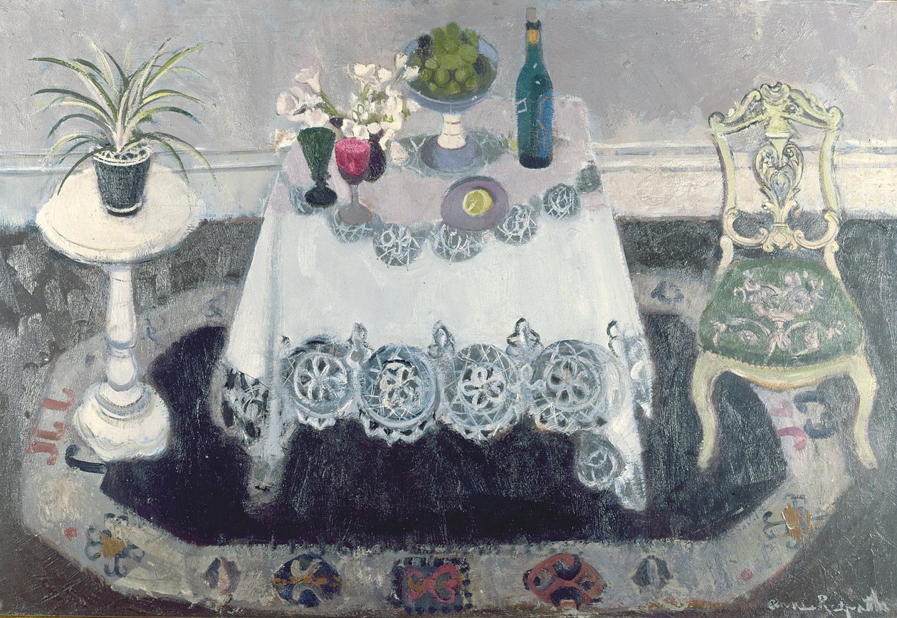Grå och vit interiör (olja på duk) av Anne Redpath