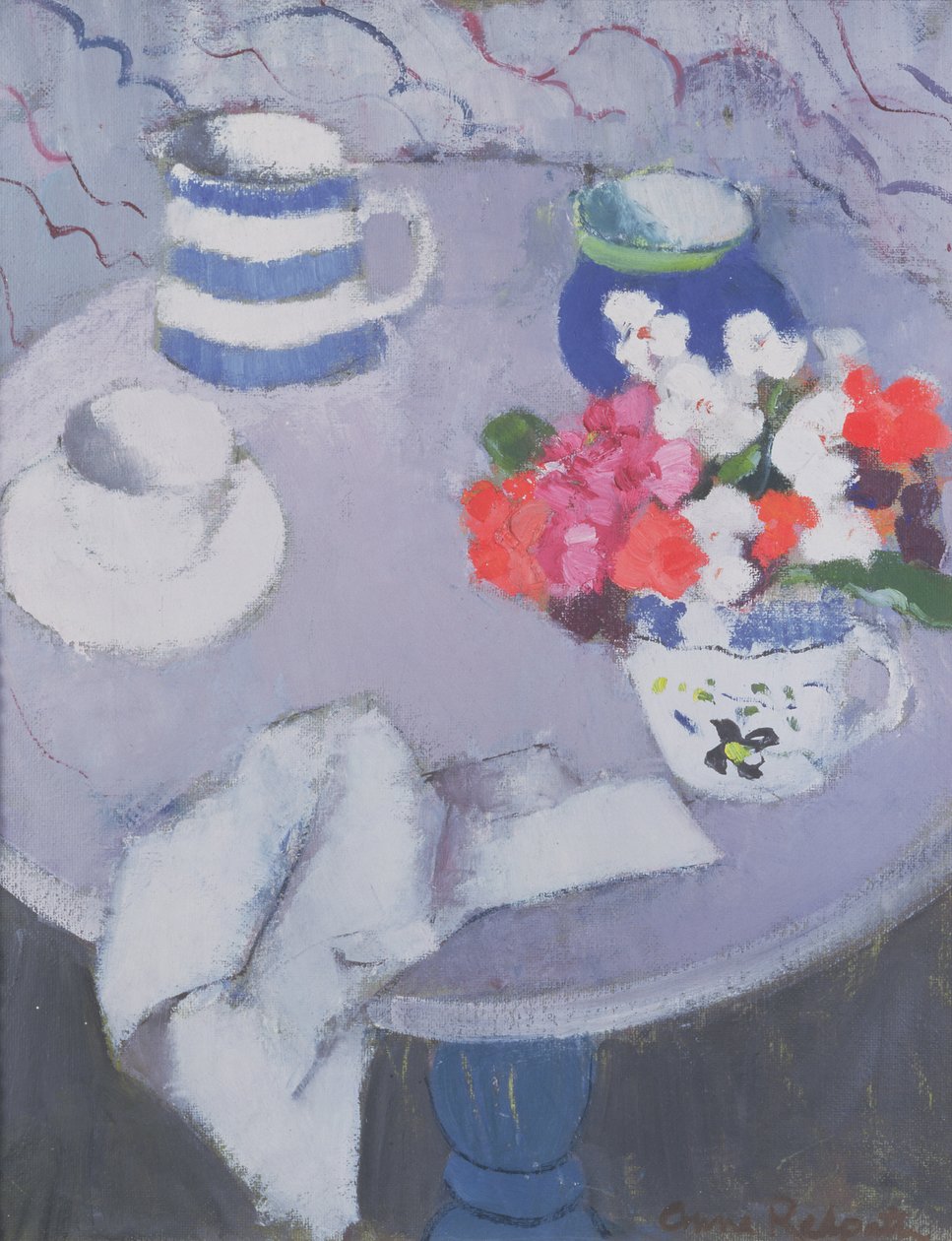 Stilleben med bord (olja på duk) av Anne Redpath