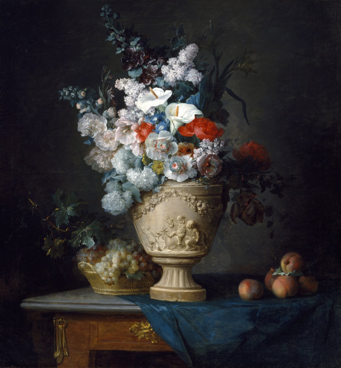 Bukett blommor i en terrakottavas med persikor och vindruvor av Anne Vallayer Coster