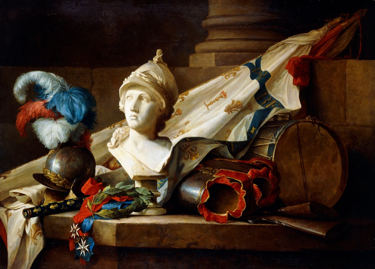 En byst av Minerva med rustningar och vapen på en stenavsats, 1777 av Anne Vallayer Coster