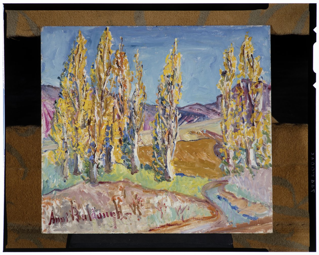 Poplars (olja på kartong) av Anni Baldaugh