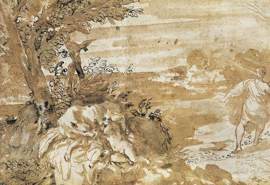  Landscape with She-Wolf Suckling Romulus and Remus  av Annibale Carracci