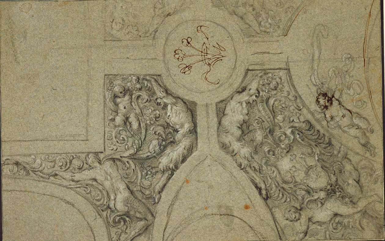 Design for the decorative framework of the ceiling for the Camerino Farnese av Annibale Carracci