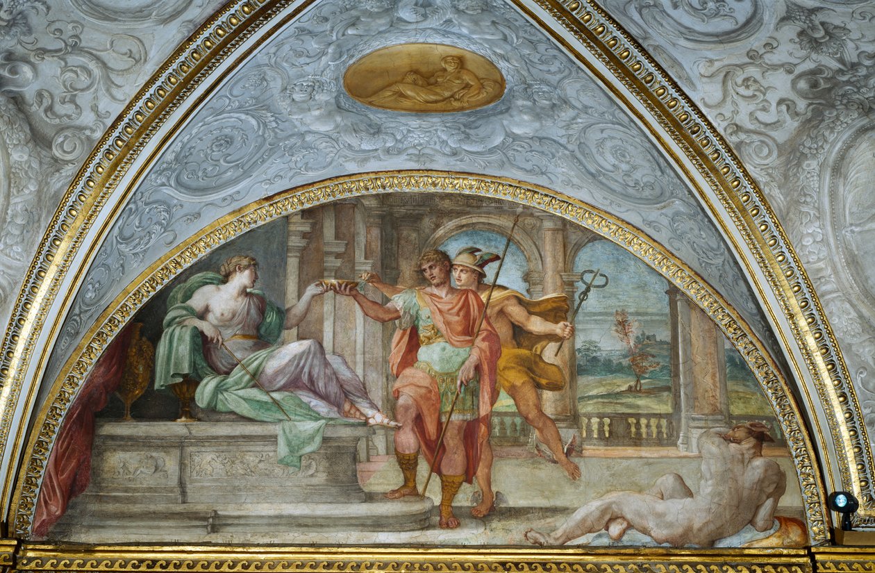 Lunett föreställande trollkvinnan Circe som erbjuder Odysseus en skål med förgiftad soppa och kvicksilver som ger honom ett växtbaserat motgift, från Camerino, 1596. av Annibale Carracci