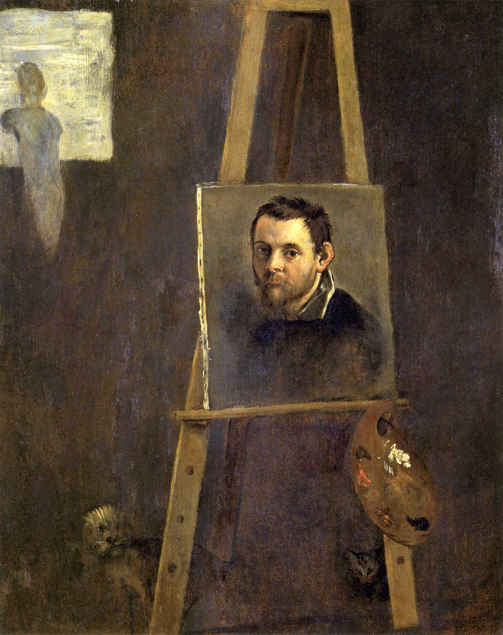 Självporträtt på ett staffli i en verkstad av Annibale Carracci