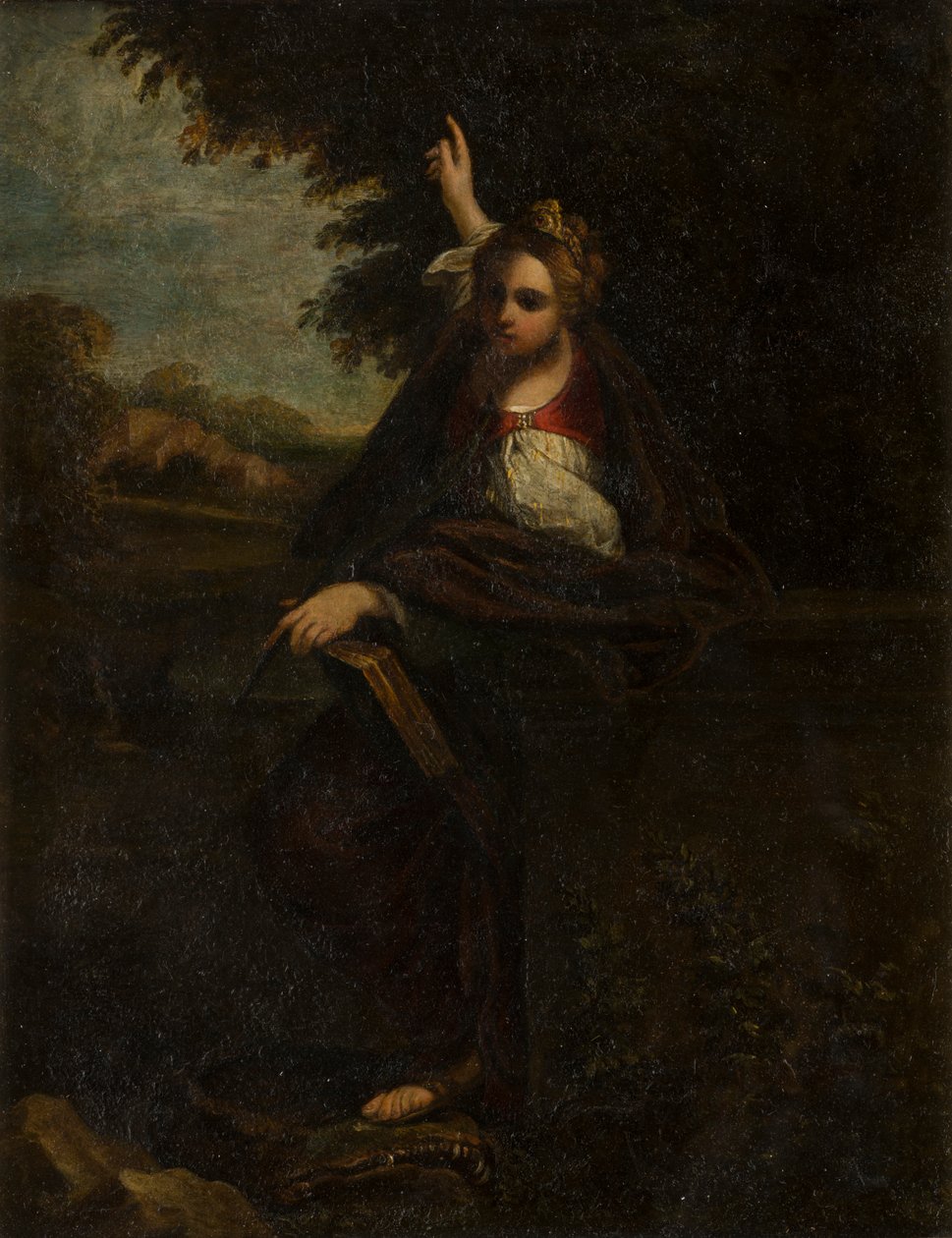 St. Margaret in a Landscape : A Sybil, ca 1580-1609 (metall under glas) av Annibale (after) Carracci