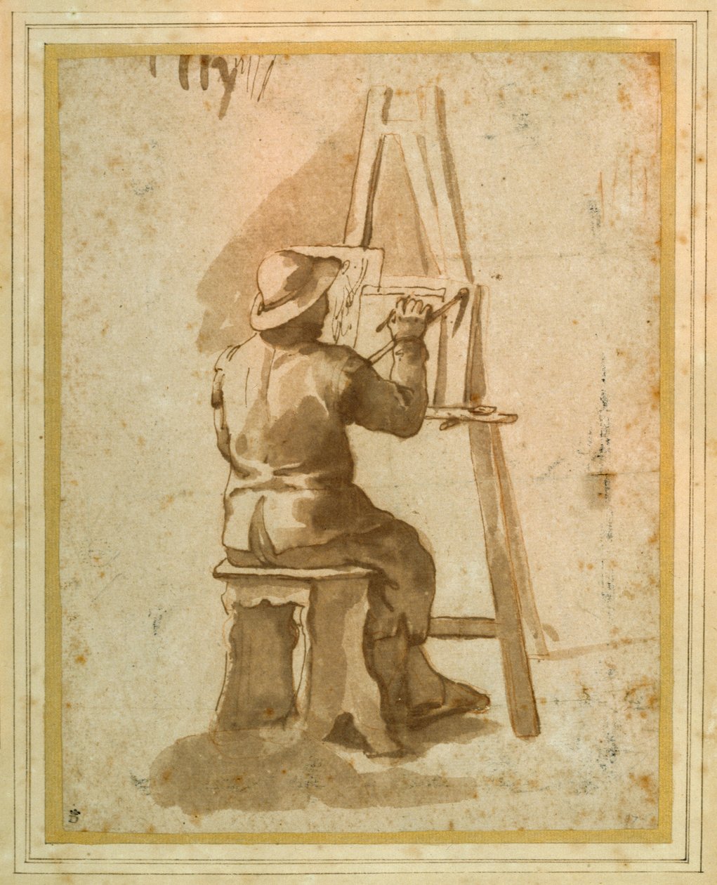 En ung målare sitter vid sitt staffli (penna och bläck med krita på papper) av Annibale (follower of) Carracci
