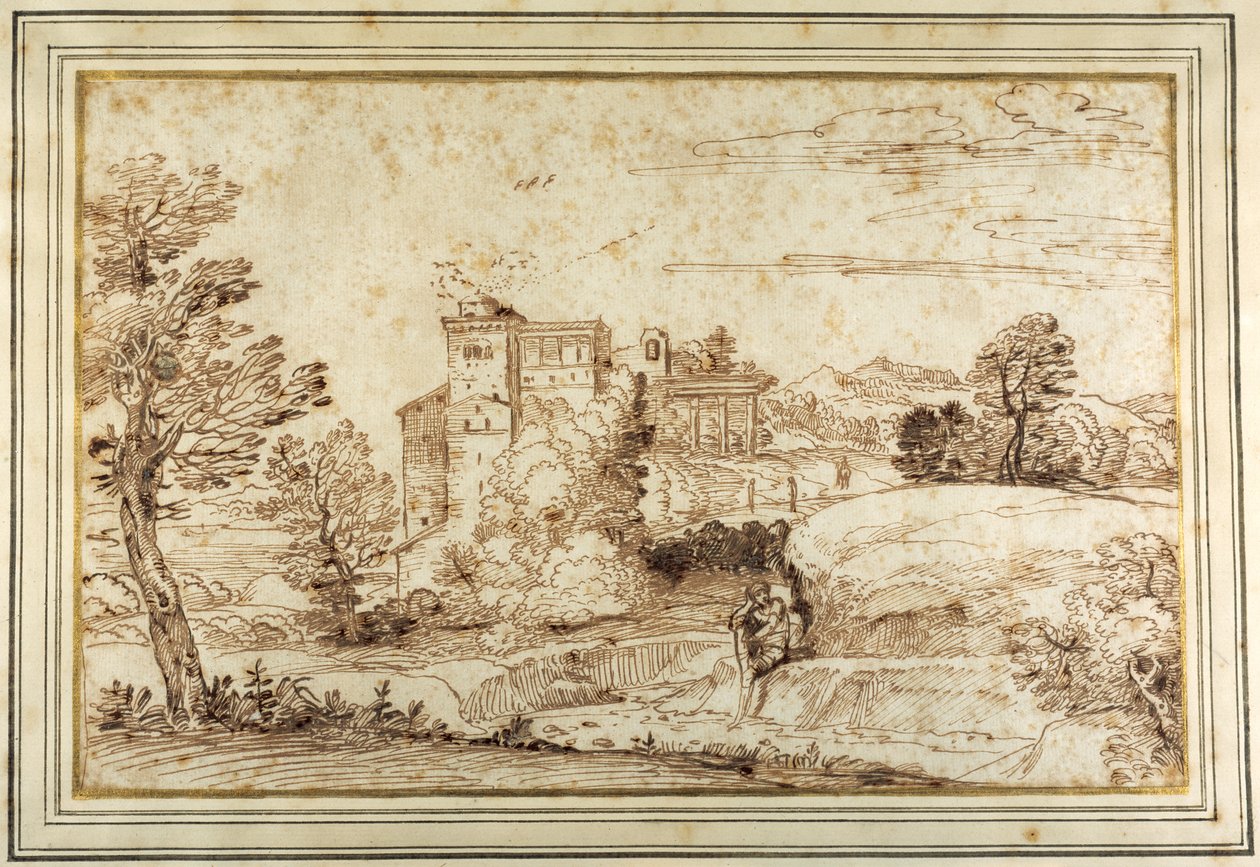 Landskap med ett slott och ruinerna av en klassisk portik (penna och brunt bläck på papper) av Annibale (follower of) Carracci