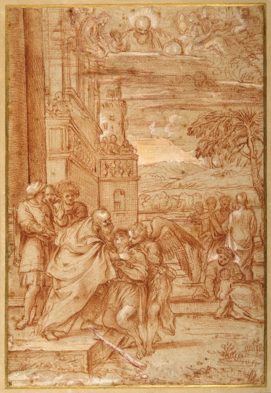 Den förlorade sonens återkomst, efter Annibale Carracci (röd krita & höjdare på papper) av Annibale (follower of) Carracci
