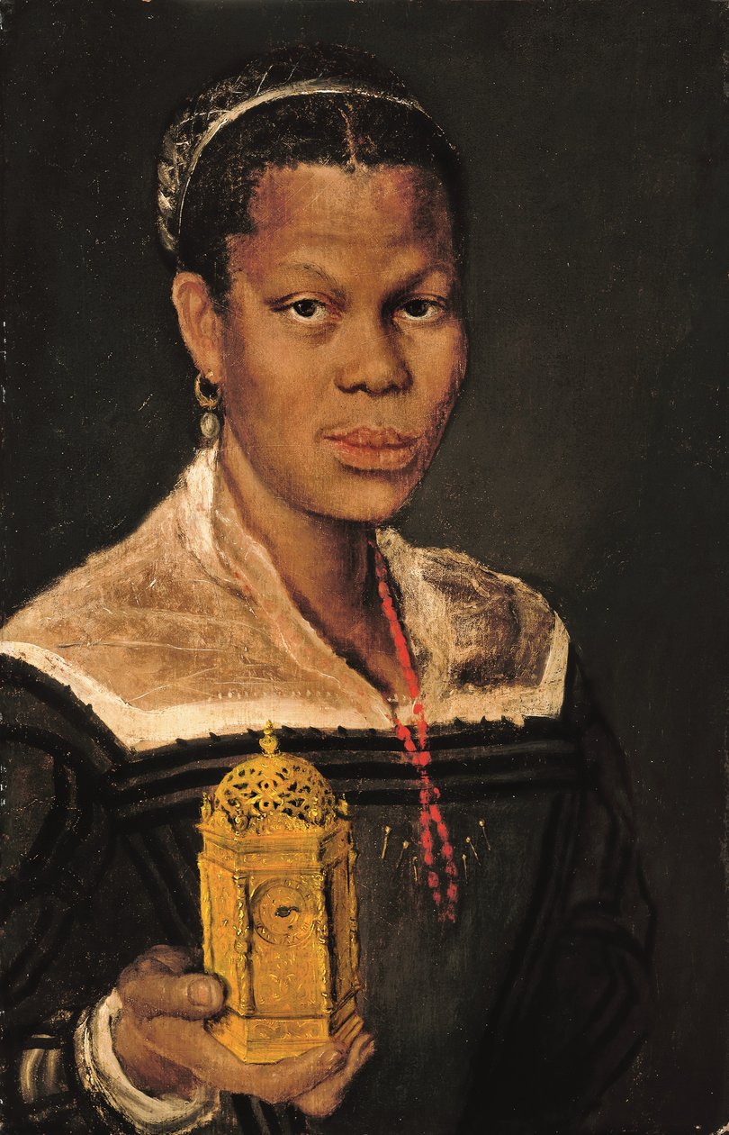 Porträtt av en svart kvinna, bystlängd, med korallhalsband och ett bordsklocka i guldsmide i höger hand (olja på duk) av Annibale (studio of) Carracci