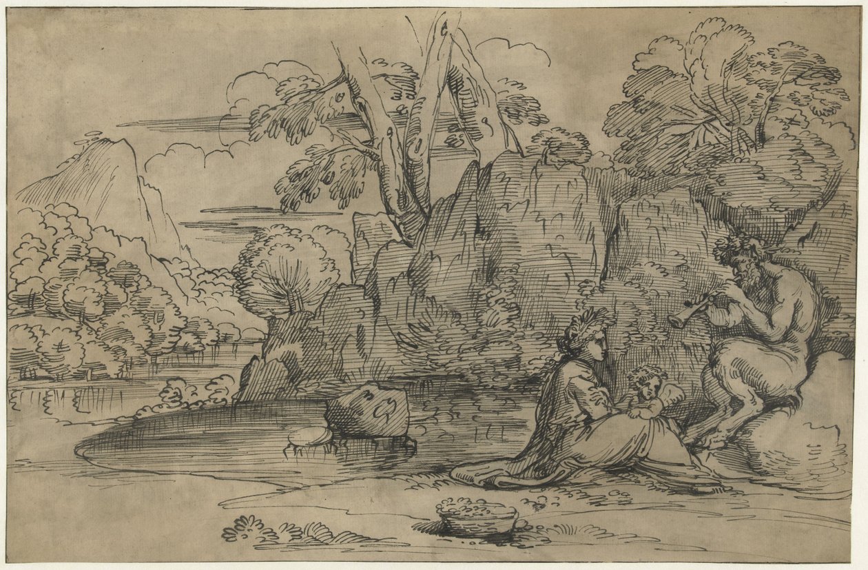 Landskap med en satyr som spelar flöjt, kvinna och putto av Annibale Carracci (attributed to)