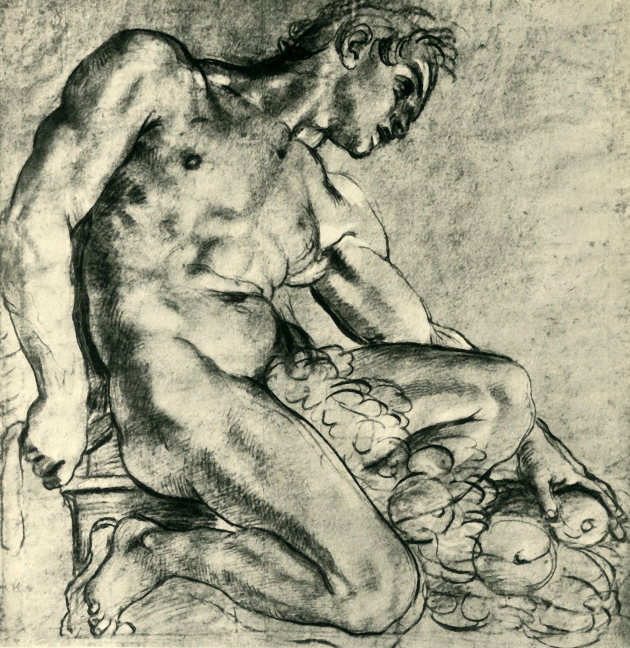 En sittande Ignudo med en krans, 1598-1599, 1943. av Annibale Carracci