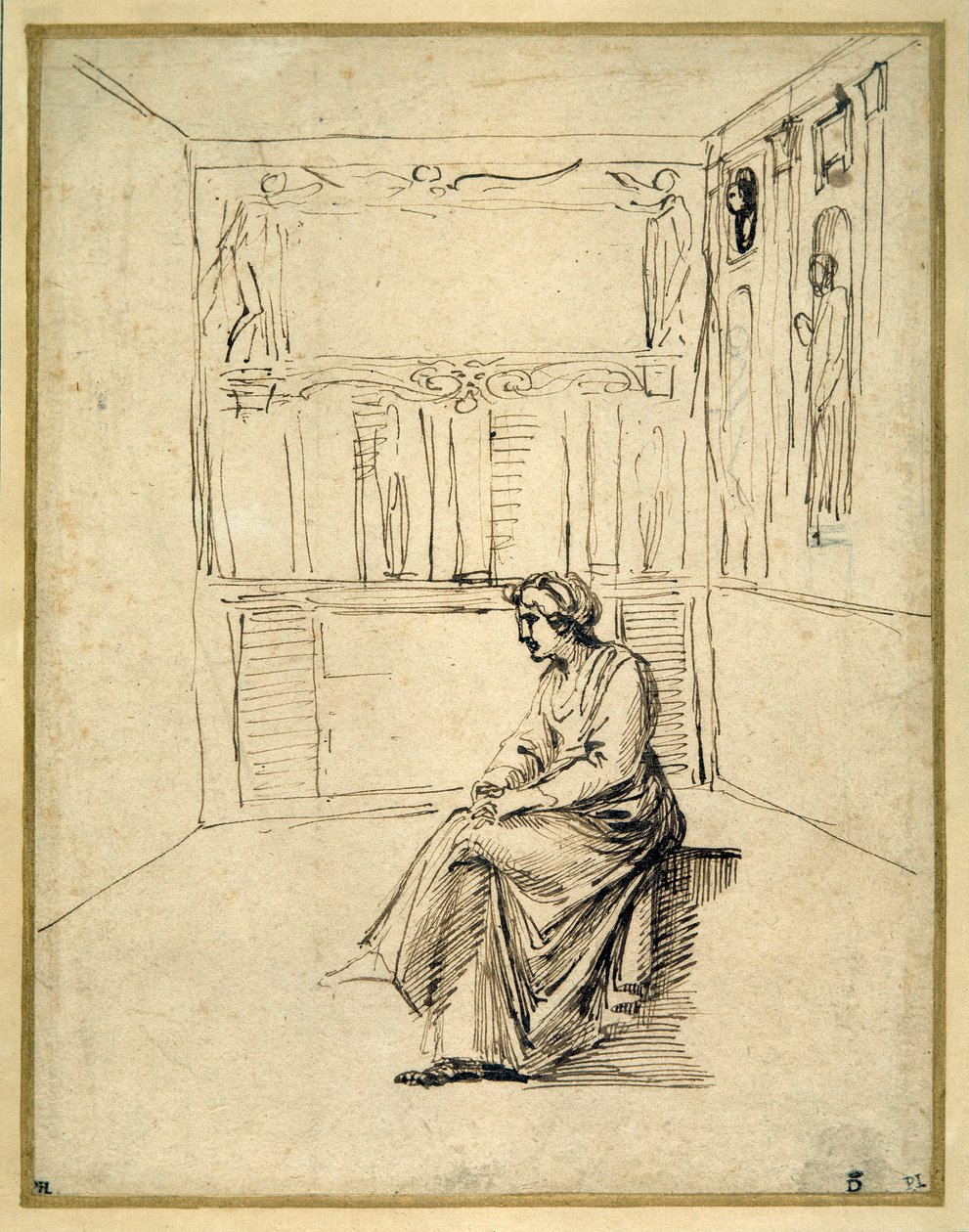 En kvinna som sitter i ett rum (penna & brunt bläck på papper) av Annibale Carracci