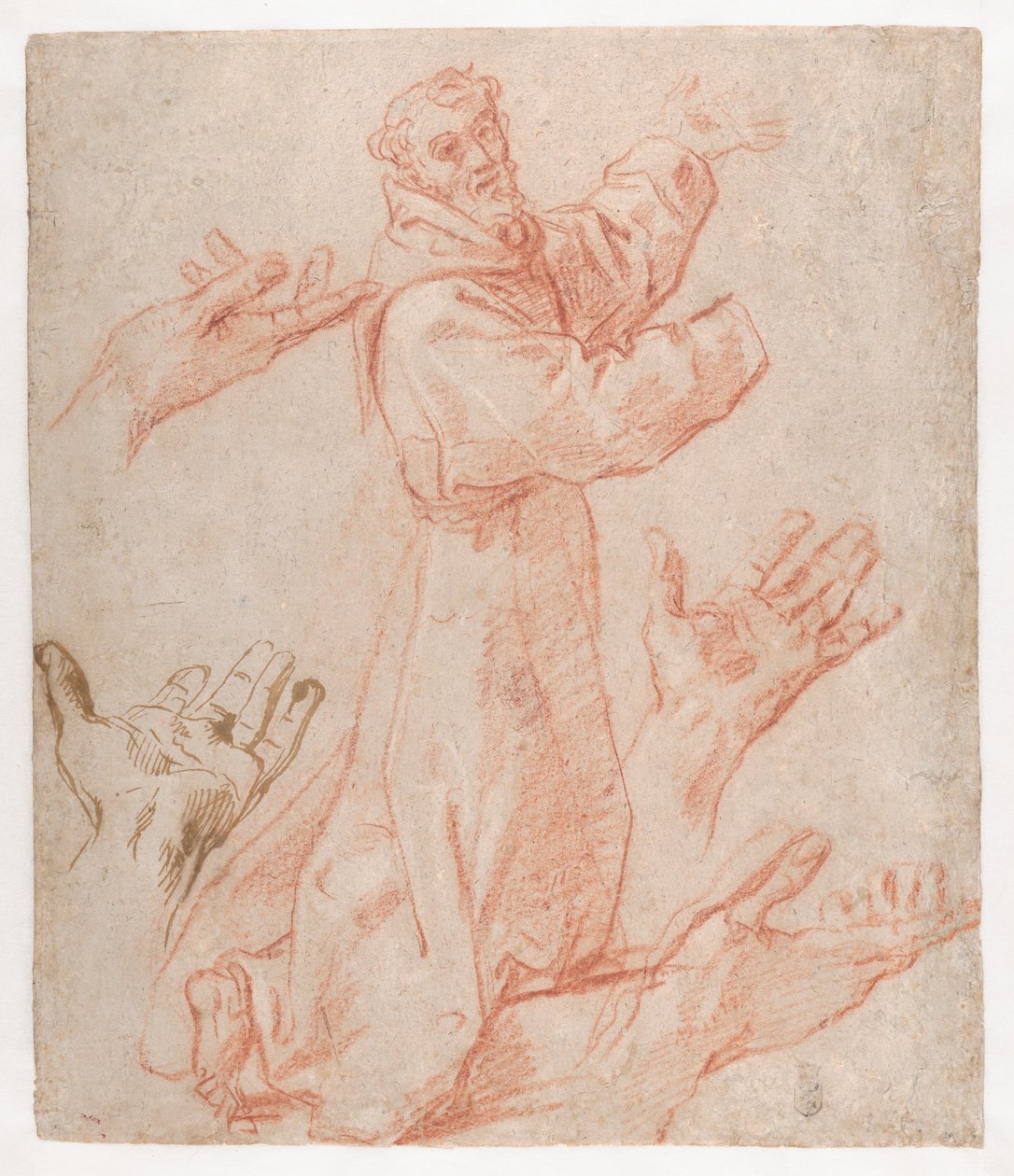 Carracci - Studier till en figur av den helige Franciskus knäböjande i trekvartsvy och till hans händer (recto), 1583-85 av Annibale Carracci