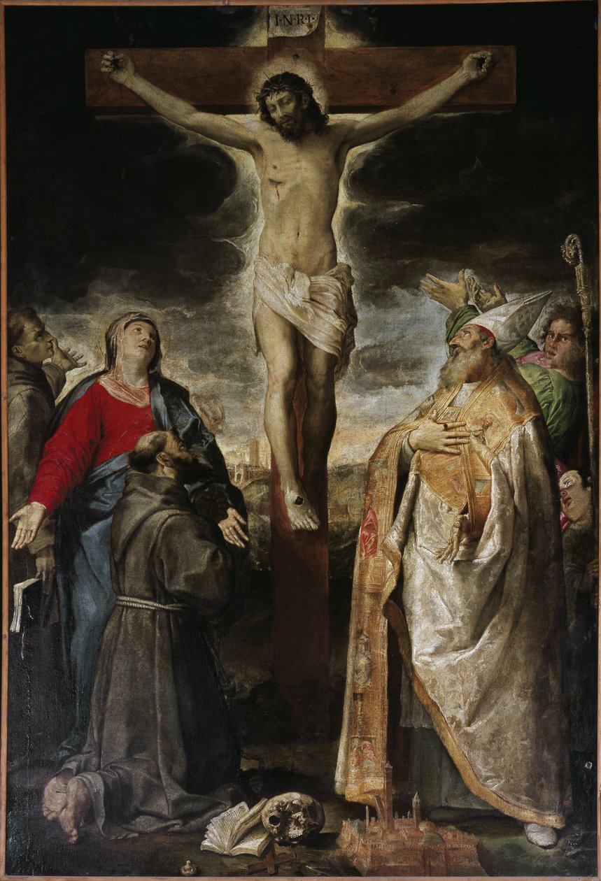 Korsfästelse och helgon (olja på duk av Annibale Carracci