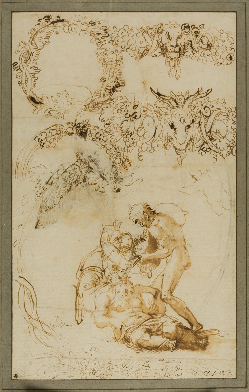 Den berusade Silenus och dekorativa skisser: Studier för Tazza Farnese (recto); Två Putti slåss: Studie för Galleria Farnese (a tergo) av Annibale Carracci