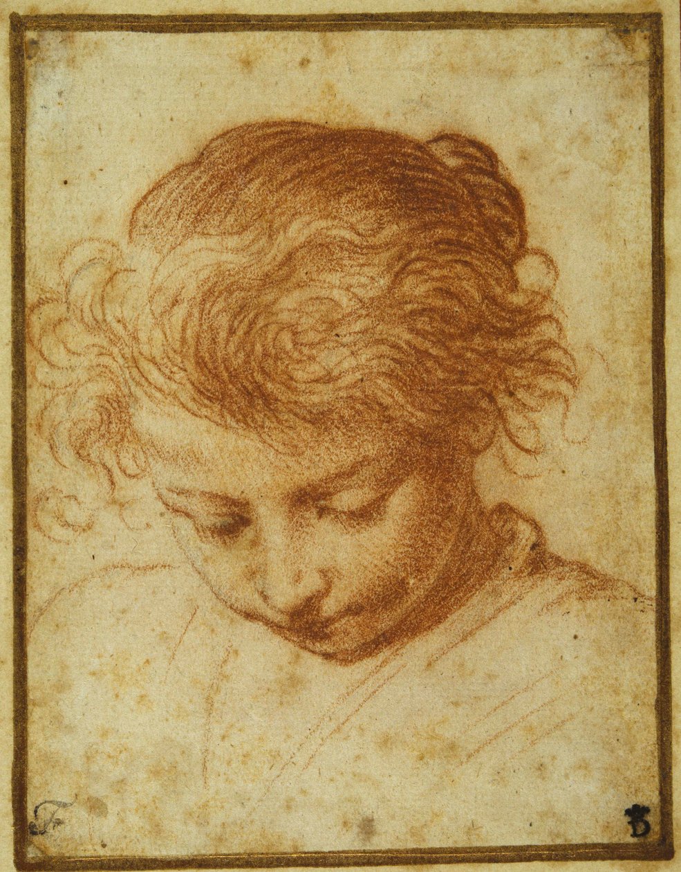 Huvudet på en ung flicka som tittar nedåt (röd krita på krämpapper) av Annibale Carracci