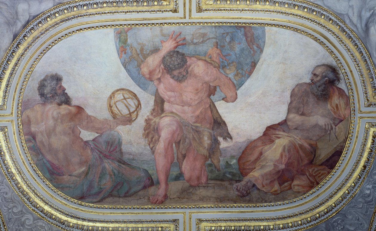 Herkules stödjer världen flankerad av Euklid och Ptolemaios, från 