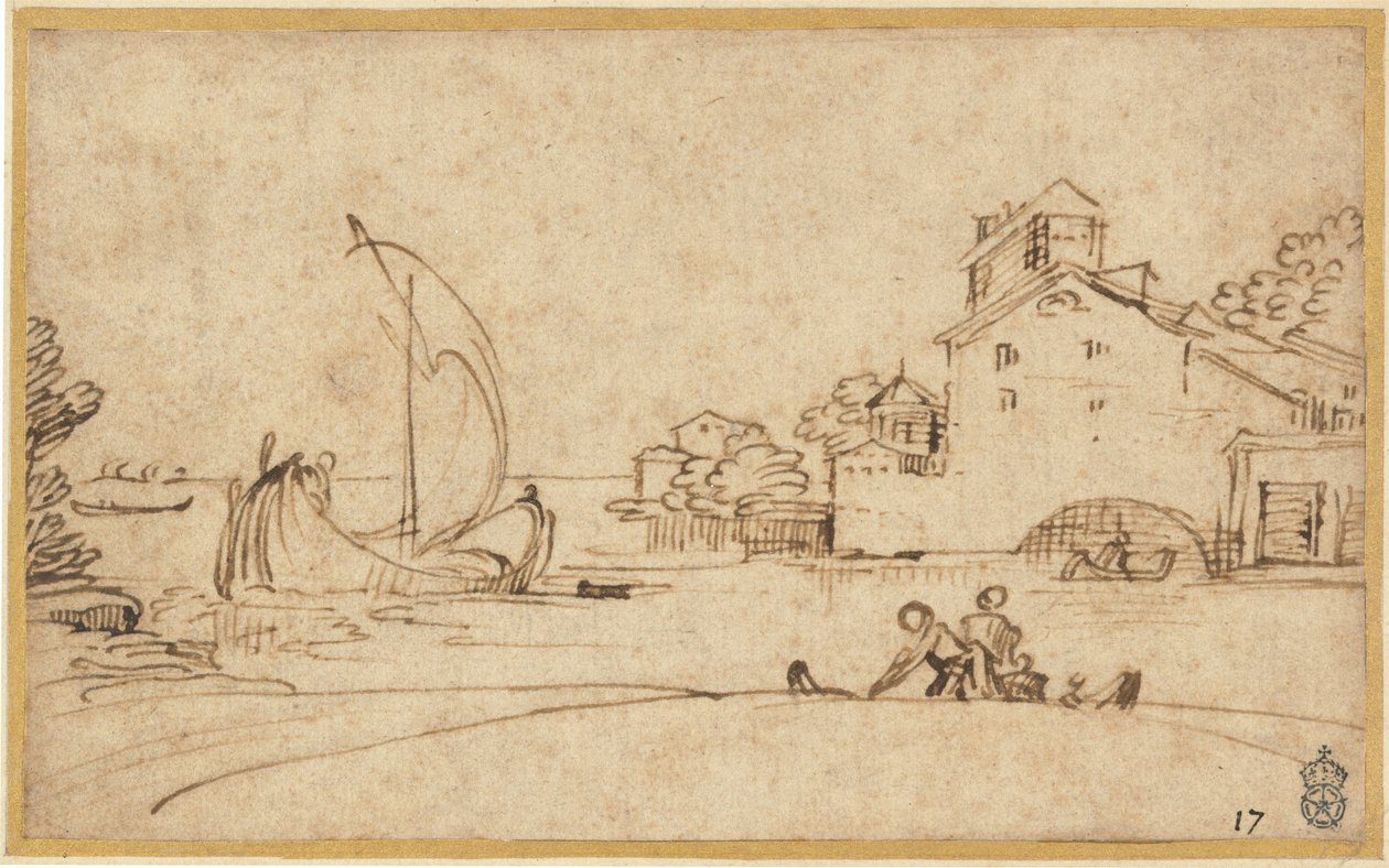Landskap med figurer vid en mynning med segelbåtar av Annibale Carracci